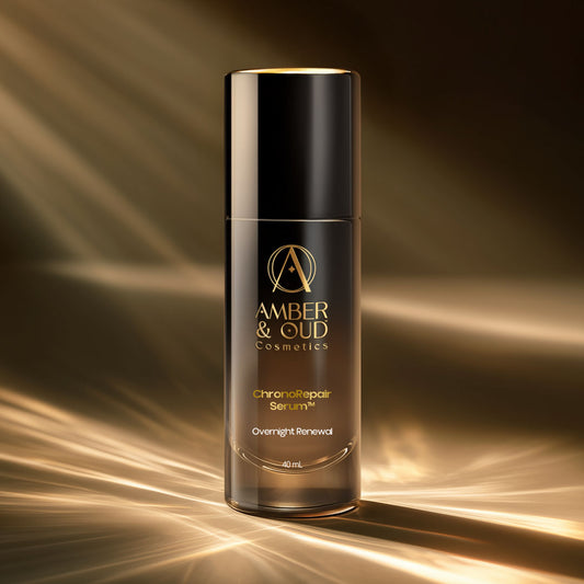 Amber & Oud Cosmetics serum bottle on a warm brown background