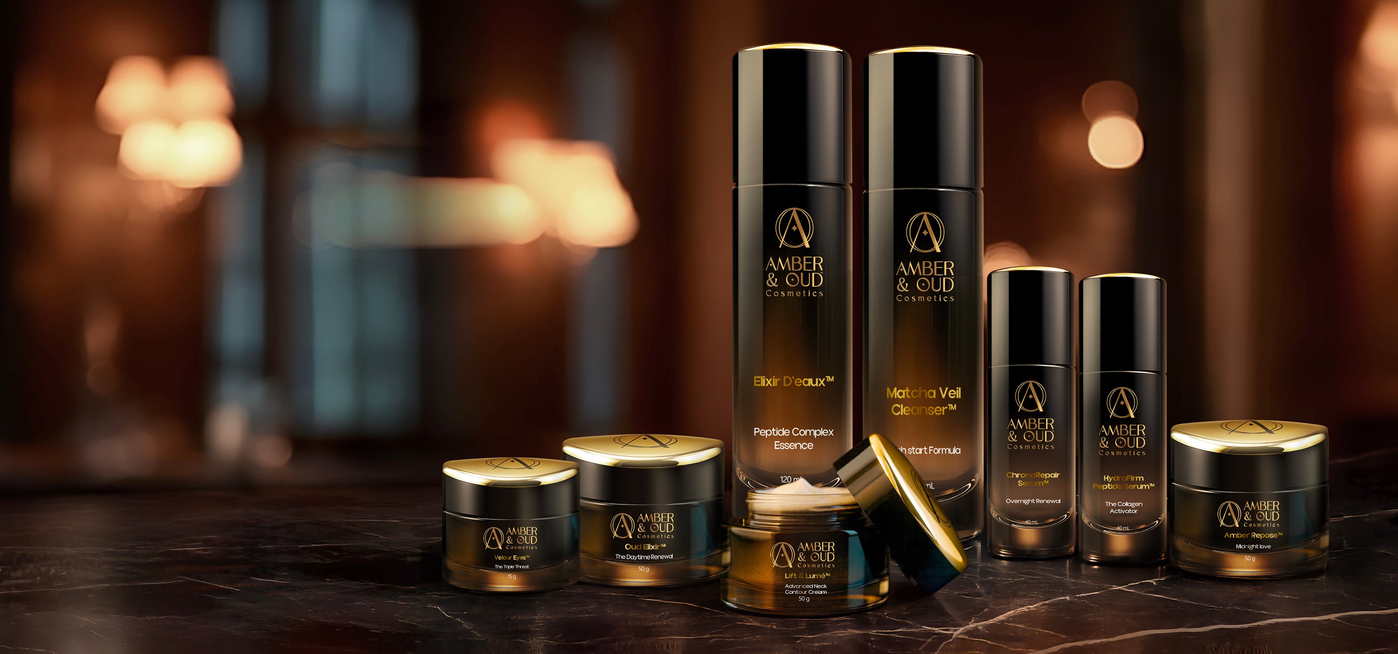 Amber & Co. skincare products on a wooden surface with a warm, blurred background