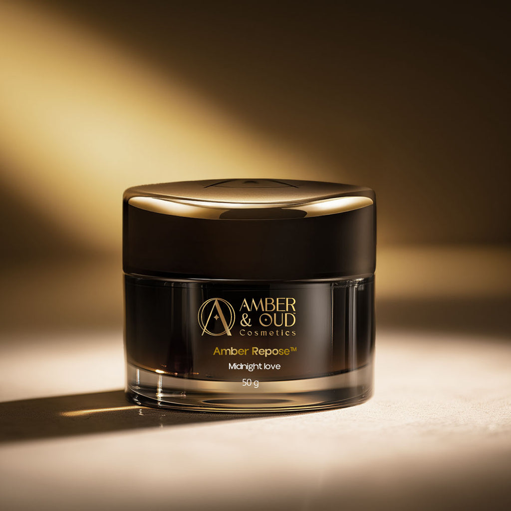 Amber & Oud Cosmetics jar with a warm glow on a dark background