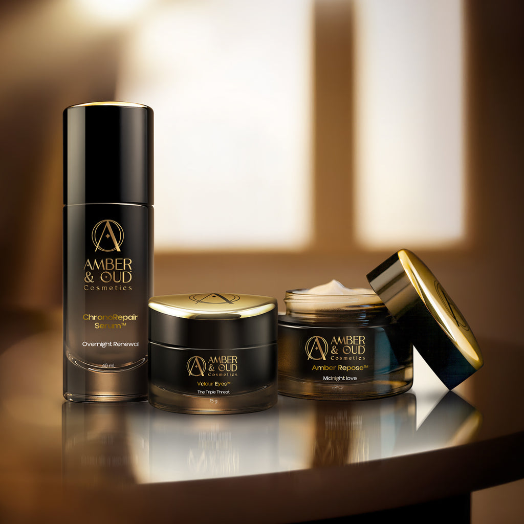 Amber Eclipse Ritual™ skincare trio with ChronoRepair Serum™, Velour Eyes™, and Amber Repose™ night cream for repair, hydration, and radiance.