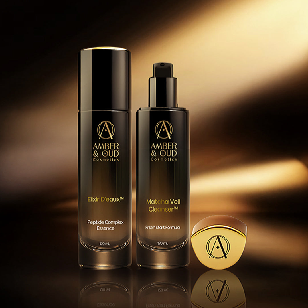 Matcha Veil Cleanser™ and Elixir D’eaux™ toner set for gentle cleansing, antioxidant protection, hydration, and balanced skin.